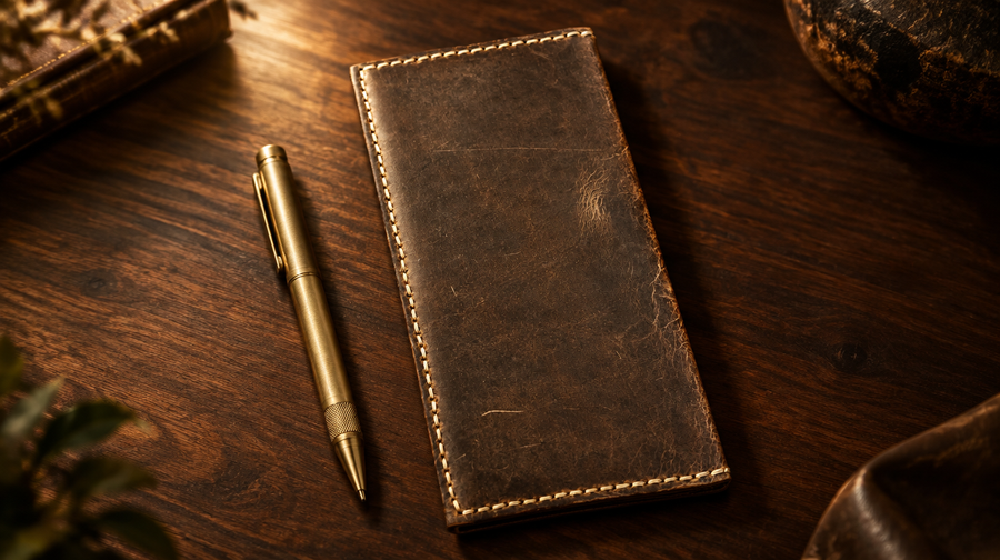 Heritage handcrafted long bifold leather wallet in brown